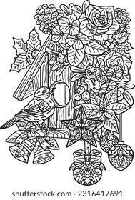 Christmas Bird House Isolated Adults Coloring Page