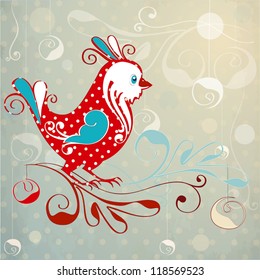Christmas bird with ornamental elements and christmas-tree decoration. Vintage design for your greeting card or christmas invitation. Vector illustration.