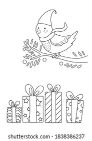 Christmas bird sitting on a branch. Bird with boxes of gifts. Coloring page for coloring book. Cartoon vector illustration.