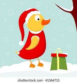 Christmas Bird under the Tree. Vector Illustration.