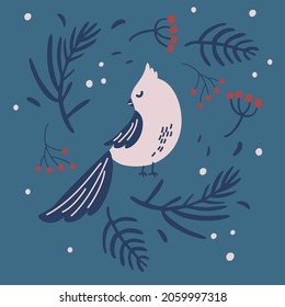 Christmas bird and a wreath of fir branches. Traditional Christmas decor of fir branches, berries with hand draw winter bird. Holiday banner, web poster, flyer, stylish brochure, greeting card.