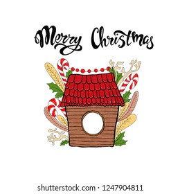 Christmas birdhouse vector composition with lettering