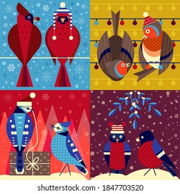 Christmas birds cards with quirky bird couples in funny Xmas hats. Red Cardinals with berry in beak, Robins playing on Xmas garland, Blue jays opening gift and Bullfinches.
