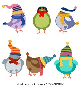 Christmas birds collection isolated on White. Flat design.