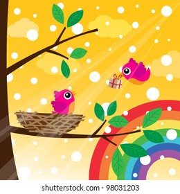 Christmas birds couple with rainbow