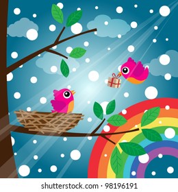 Christmas birds couple with rainbow