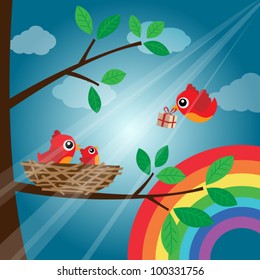 Christmas birds family with rainbow