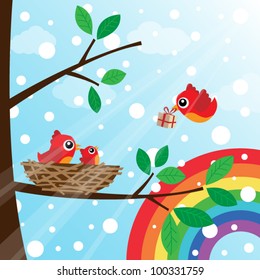 Christmas birds family with rainbow