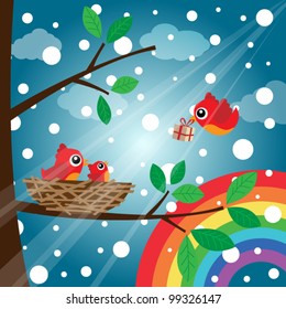 Christmas birds family with rainbow