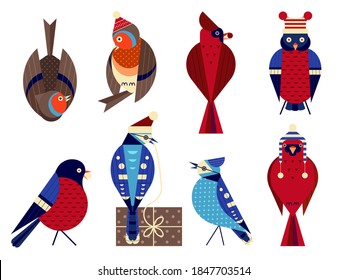 Christmas birds in funny hats. Funny Xmas bird icons including red cardinals, robins, blue jays and bullfinches.