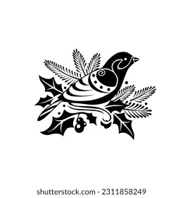 Christmas Birds and Holly leafs in Black and White Isolated