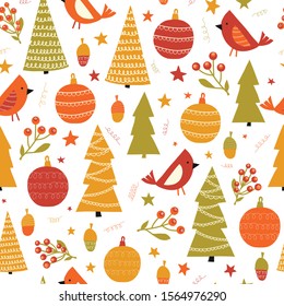 Christmas birds ornaments and trees seamless vector pattern. Winter holidays repeating background for fabric, kids decor, gift wrap