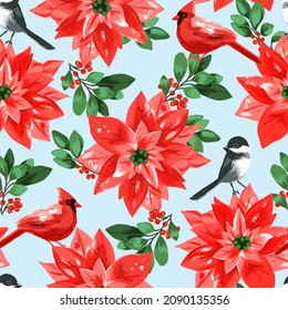 Christmas birds pattern. Cardinals, chickadees, holly, poinsettias ditsy. Perfect for holidays, fabric, textile. Seamless repeat swatch.