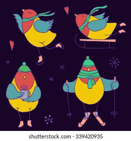 Christmas birds set - vector illustration