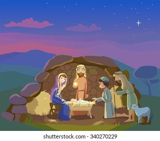 Christmas. Birth of Jesus Christ in  Bethlehem. Shepherds came to worship th King.  Vector