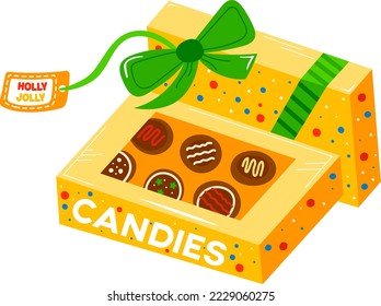 Christmas or Birthday celebration gingerbread box cake and sweet traditional design cartoon style vector illustration, icon isolated on white.