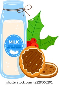 Christmas or Birthday celebration gingerbread cake and sweet traditional with milk bottle design cartoon style vector illustration, icon isolated on white.