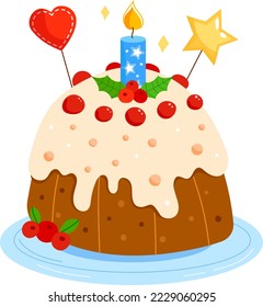 Christmas or Birthday celebration gingerbread cake and sweet traditional design cartoon style vector illustration, icon isolated on white.