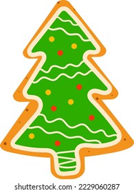 Christmas or Birthday celebration gingerbread tree cake and sweet traditional design cartoon style vector illustration, icon isolated on white.
