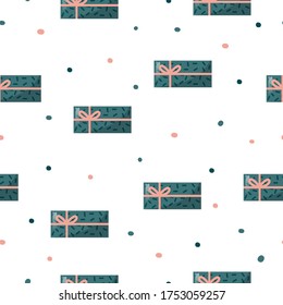 Regalo de Navidad o cumpleaños sin fisuras. Envuelto textura de papel con regalos. Vector aislado de fondo festivo para la decoración de vacaciones.