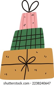 Christmas or birthday hand drawn gift boxes. Vector illustration in hand drawn flat style.