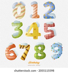 Christmas Birthday number 0-9 watercolor illustration and snow, with a paper background. For design, prints, fabric, or background. Christmas element vector.