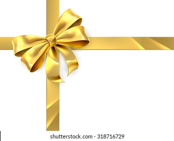 Christmas, Birthday Or Other Gift Gold Golden Ribbon And Bow Wrapping Background
