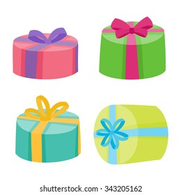 Christmas or birthday presents collection. Vector illustration of cartoon gifts in bag isolated on white