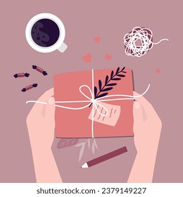 Christmas or birthday presents wrapping process. Packaging, gift box in wrapping paper, various tools and candy on table. Top view. Xmas or holidays celebration preparation. flat vector illustration