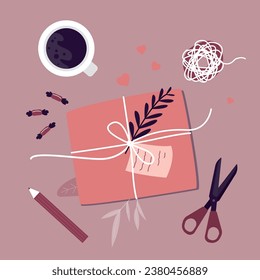 Christmas or birthday presents wrapping process. Packaging, gift box in wrapping paper, tools and coffee cup on table. Top view. Xmas or holidays celebration preparation. flat vector illustration