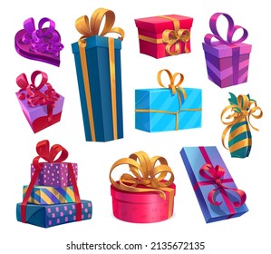 Christmas, birthday and Valentine gifts or presents. Holiday vector boxes with curly bows. Cartoon giftboxes for Valentines day, Xmas or birthday festive event celebration, isolated objects set