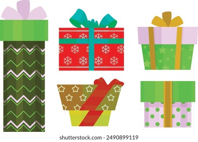 Christmas, birthday and Valentine gifts or presents. Holiday vector boxes with curly bows. Cartoon giftboxes for Valentines day, Xmas or birthday festive event celebration, isolated objects set