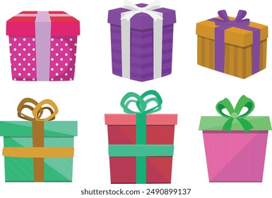 Christmas, birthday and Valentine gifts or presents. Holiday vector boxes with curly bows. Cartoon giftboxes for Valentines day, Xmas or birthday festive event celebration, isolated objects set