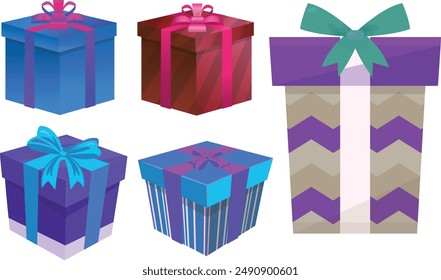 Christmas, birthday and Valentine gifts or presents. Holiday vector boxes with curly bows. Cartoon giftboxes for Valentines day, Xmas or birthday festive event celebration, isolated objects set