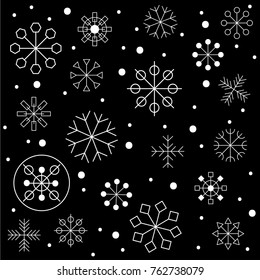 Christmas black background. Seamless pattern with geometric hipster snowflakes. Winter christmas card with snow. Vector illustration