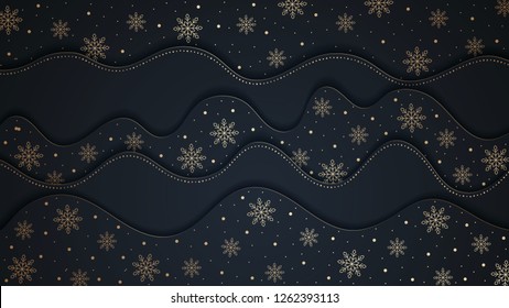 Christmas black background with waves and snowflake. 3D paper effect. Vector illustration.