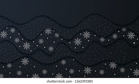 Christmas black background with waves and snowflake. 3D paper effect. Vector illustration.
