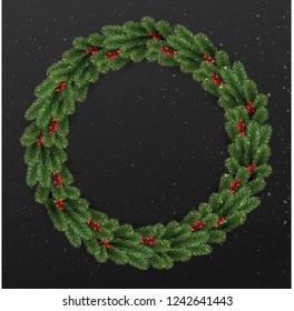 Christmas black background with Christmas wreath of tree branches, berries, lights, snowflakes. Xmas theme. Vector Illustration