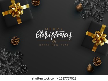Christmas Black Background. Xmas design realistic gifts box, black snowflake and glitter silver, pine cones, decorative bauble. handwritten calligraphy text merry christmas and happy new year.
