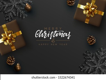 Christmas Black Background. Xmas design realistic brown gifts box, black snowflake and glitter silver, pine cones, decorative bauble. handwritten calligraphy text merry christmas and happy new year.