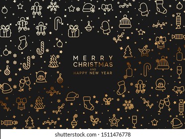 Christmas black background with Xmas Golden objects, linear style design elements. vector illustration
