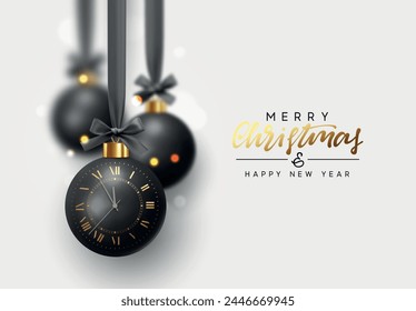 Christmas black balls hang on a silk ribbon surrounded by blurry blur lights and golden confetti. Festive New Year background. vector illustration