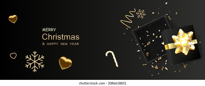 Christmas Black banner Super Sale. Empty open gift box top view with gold bow. Dark background golden text lettering. Horizontal banner, poster, header website. vector illustration