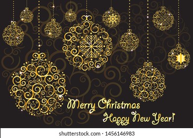Christmas black card vector background illustration golden ball ornaments