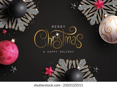 Christmas black card vector background design. Merry christmas and happy holidays greeting text with sparkling snowflakes, red and white balls ornaments for xmas card elegant template. Vector 