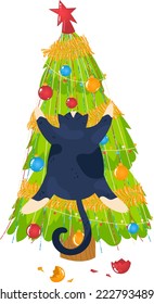 Christmas black cat on christmas tree cartoon vector illustration isolated on white. Holiday kitty funny pet