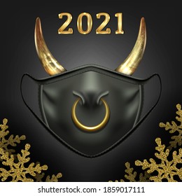 Christmas black face mask, symbol of New Year of the bull 2021.New reality. With nose ring and cow horns. On a dark background with shiny snowflakes. Vector.