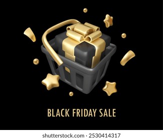 Christmas or Black Friday sale vector 3d illustration. Cartoon gift box with golden ribbon bow in black shopping cart isolated on dark background. Gold confetti and stars, premium offer poster
