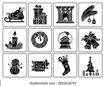 Christmas black glyph icons set. Silhouette on white background. Flat pictogram. Negative space. Vector isolated illustration. Duotone solid symbol. Pixel perfect
