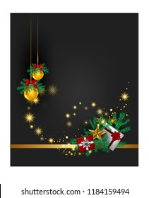 Christmas black and gold colour background with Christmas tree Happy New Year For Wishing card,greeting cardsred and ornaments in red gold ribbons with the golden star and gift boxes Vector